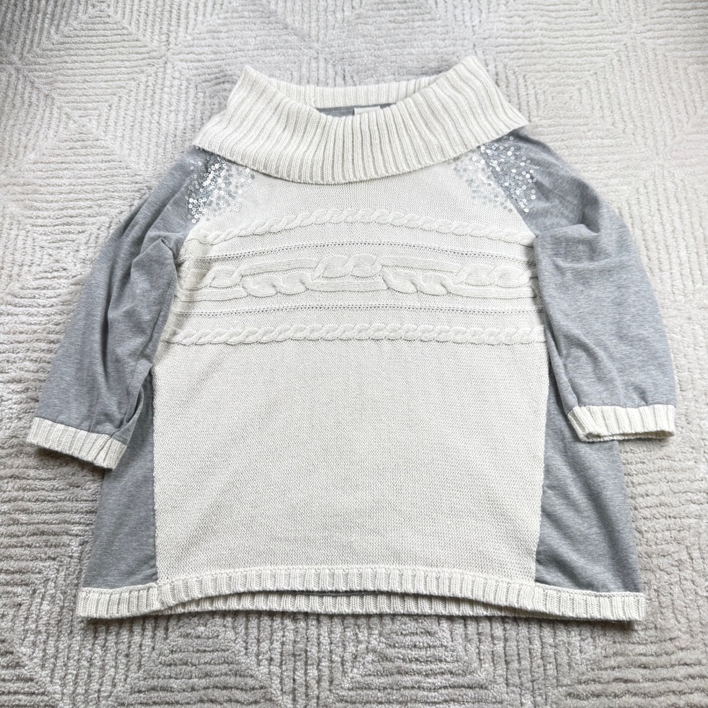 Zenergy Chico's Mixed Media Sweater Women's 2 L Gray Cream Sequin Cowl Neck Cozy